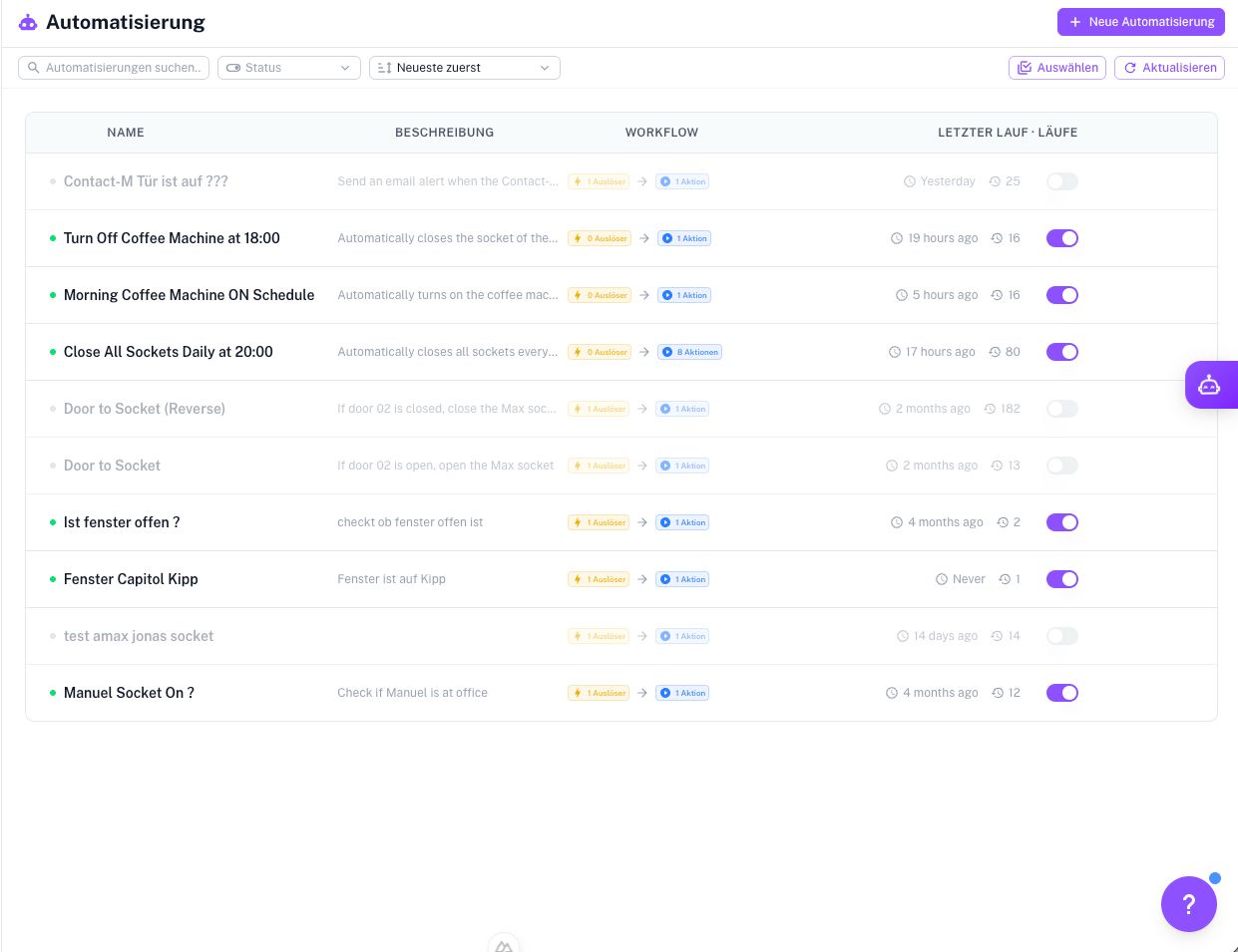 Screenshot: automations with triggers, actions, run history and on/off switches